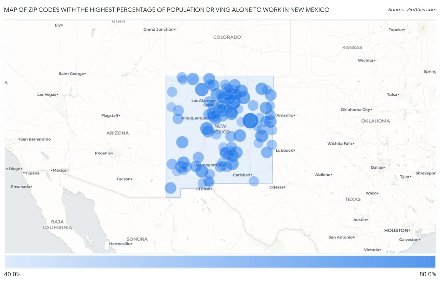 Zip Codes with the Highest Percentage of Population Driving Alone to Work in New Mexico Map
