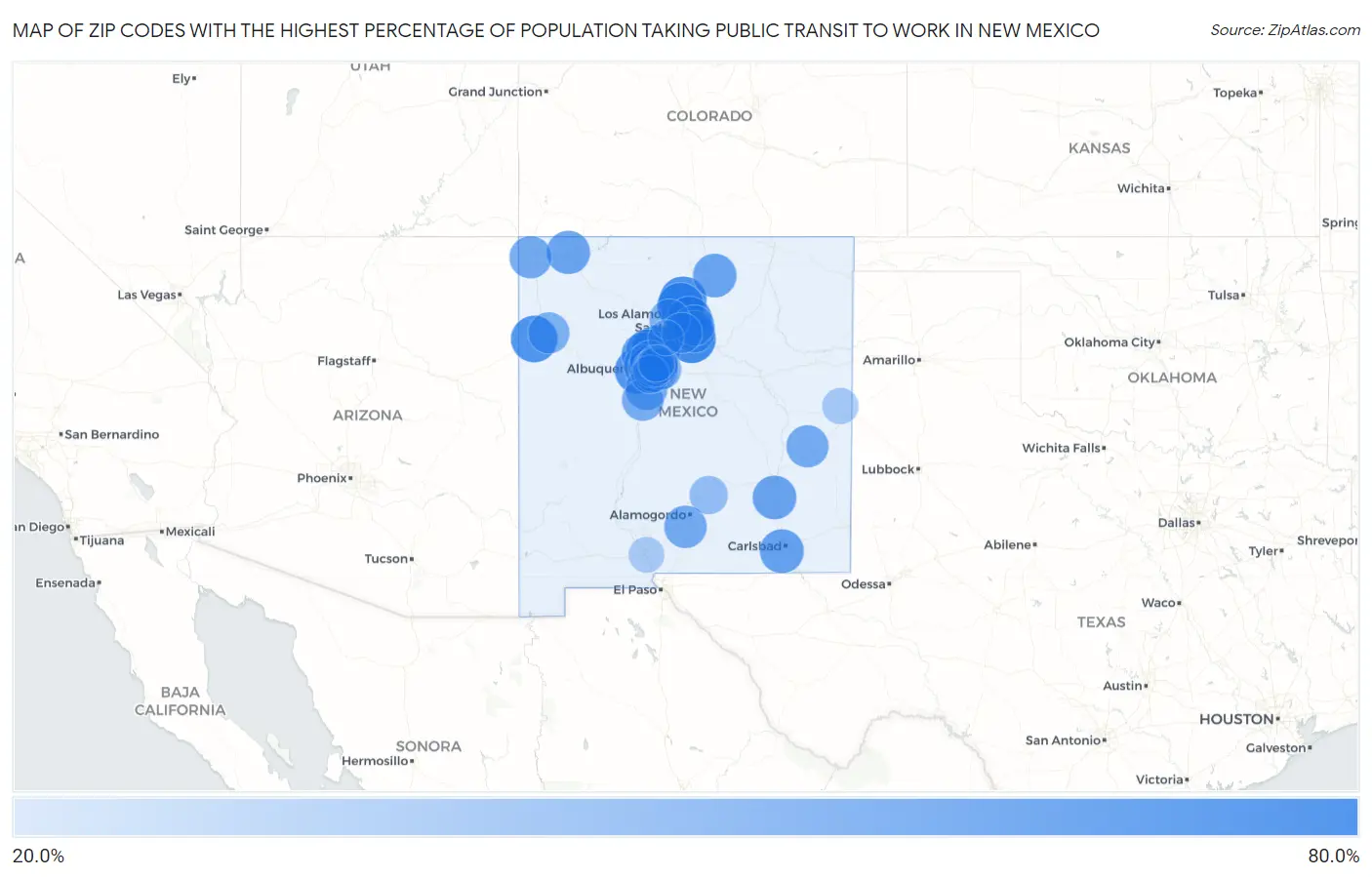 Zip Codes with the Highest Percentage of Population Taking Public Transit to Work in New Mexico Map