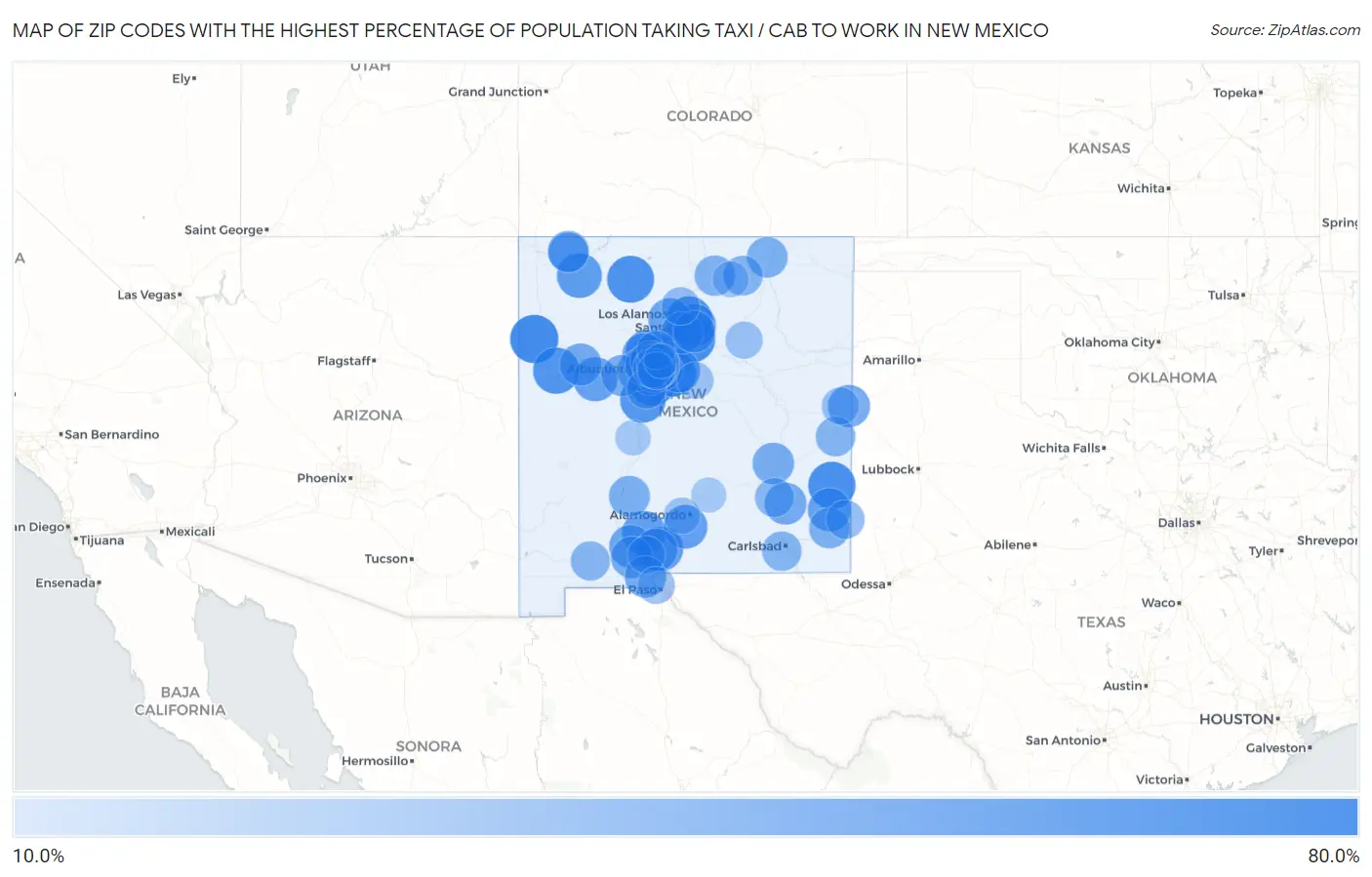 Zip Codes with the Highest Percentage of Population Taking Taxi / Cab to Work in New Mexico Map
