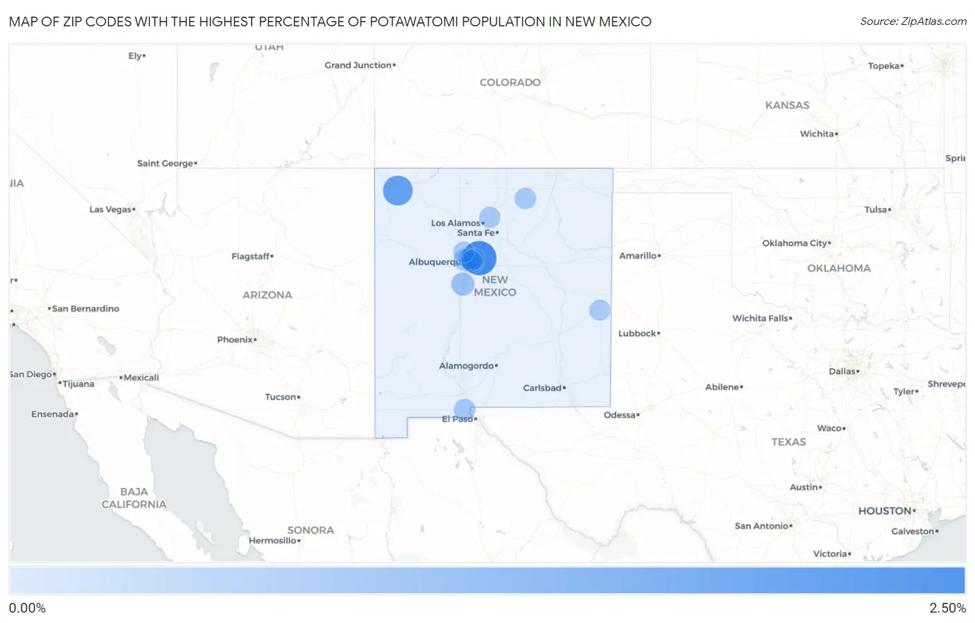 Zip Codes with the Highest Percentage of Potawatomi Population in New Mexico Map