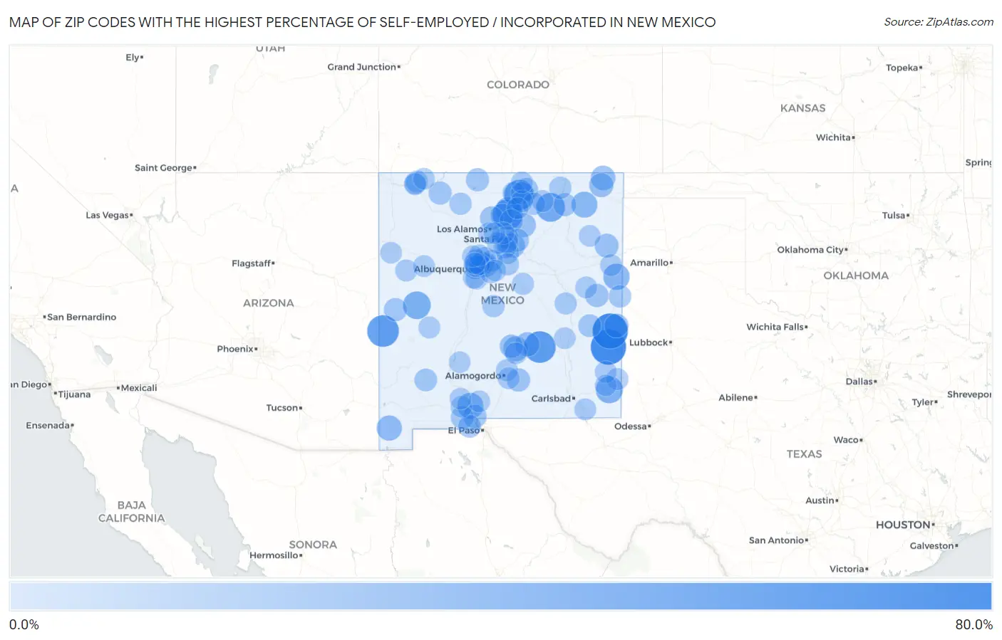 Zip Codes with the Highest Percentage of Self-Employed / Incorporated in New Mexico Map
