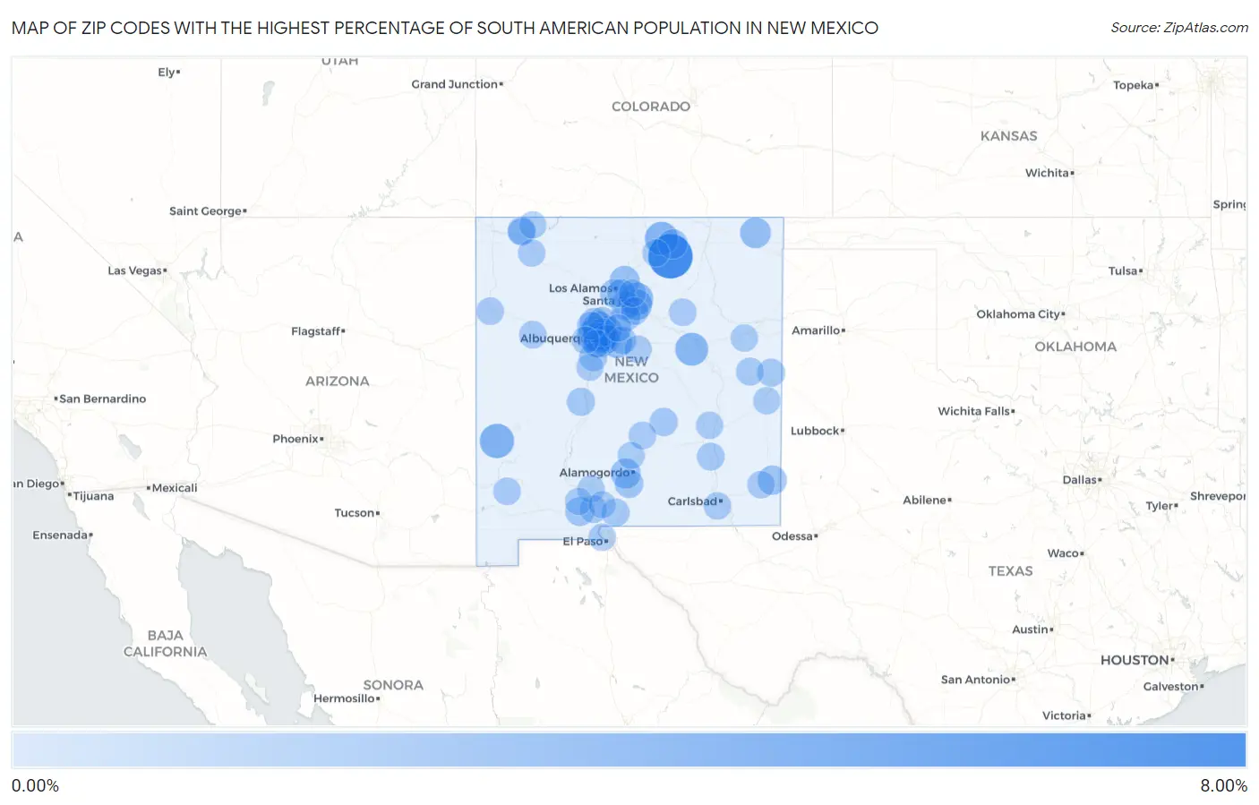 Zip Codes with the Highest Percentage of South American Population in New Mexico Map