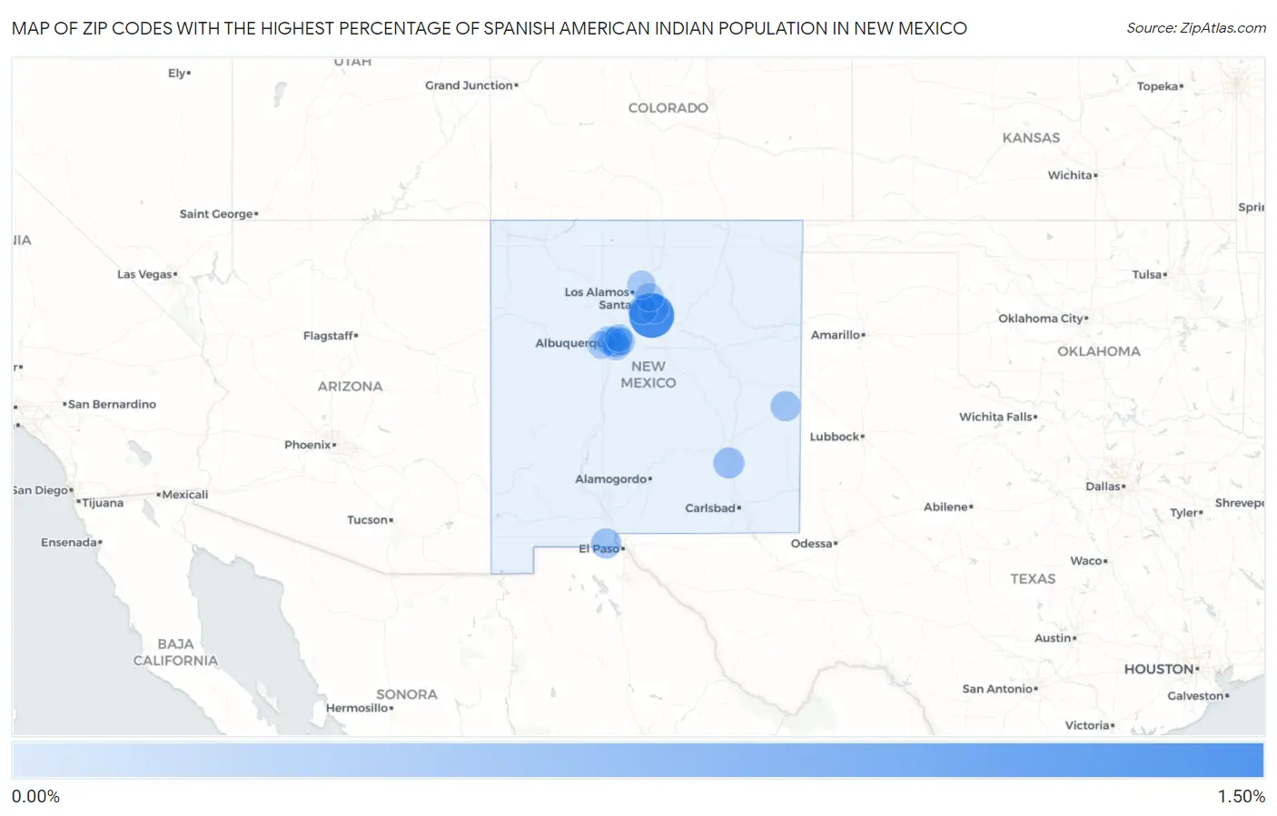 Zip Codes with the Highest Percentage of Spanish American Indian Population in New Mexico Map
