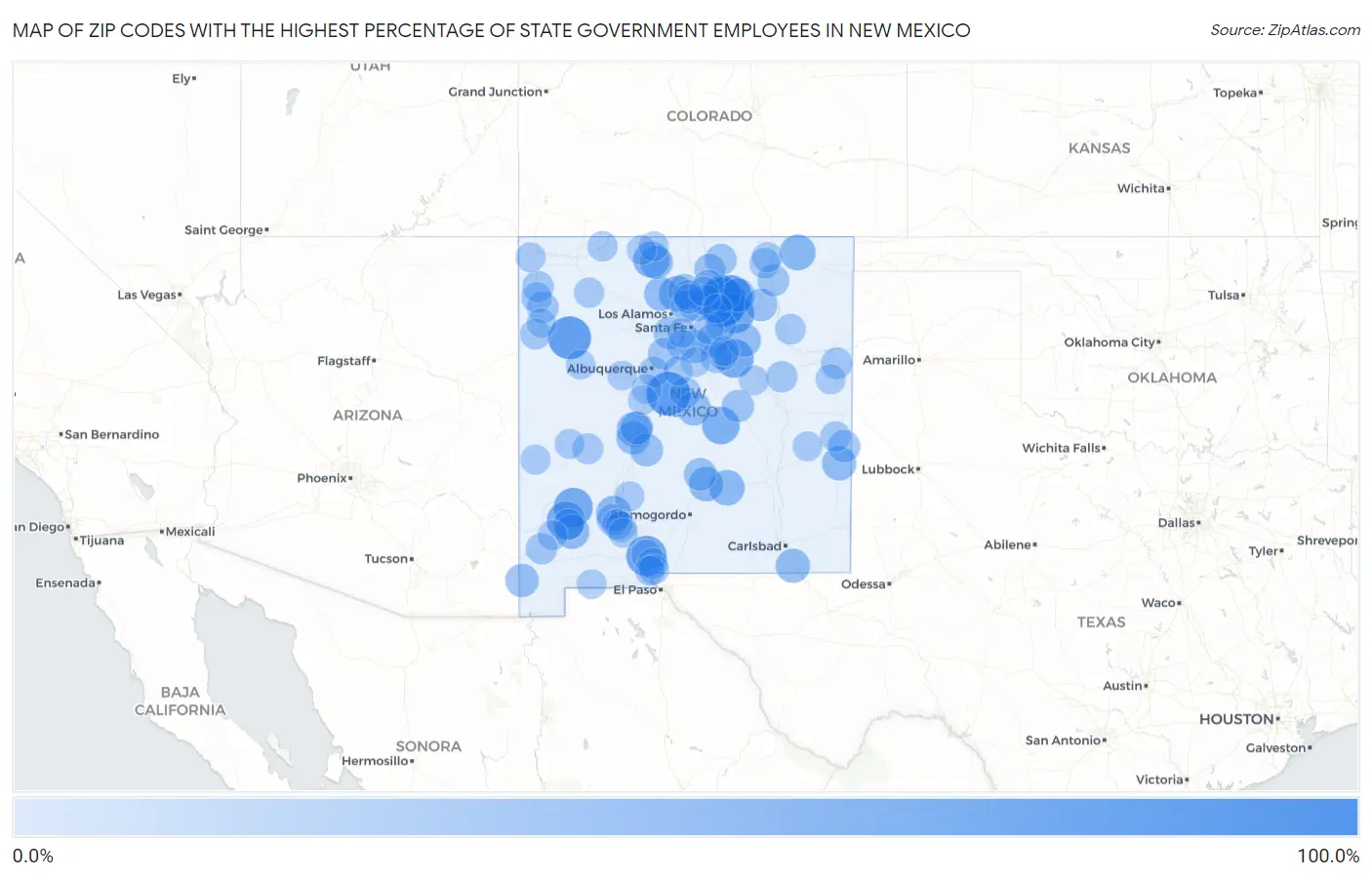 Zip Codes with the Highest Percentage of State Government Employees in New Mexico Map