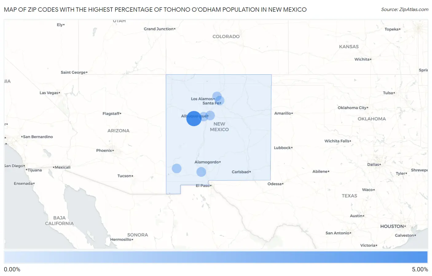 Zip Codes with the Highest Percentage of Tohono O'Odham Population in New Mexico Map