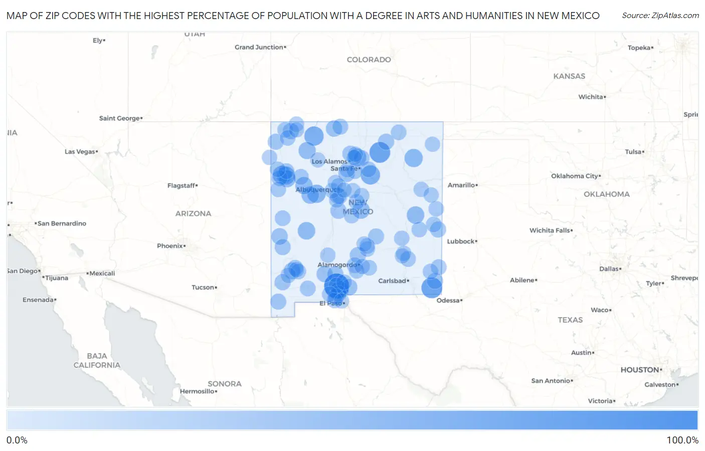 Zip Codes with the Highest Percentage of Population with a Degree in Arts and Humanities in New Mexico Map
