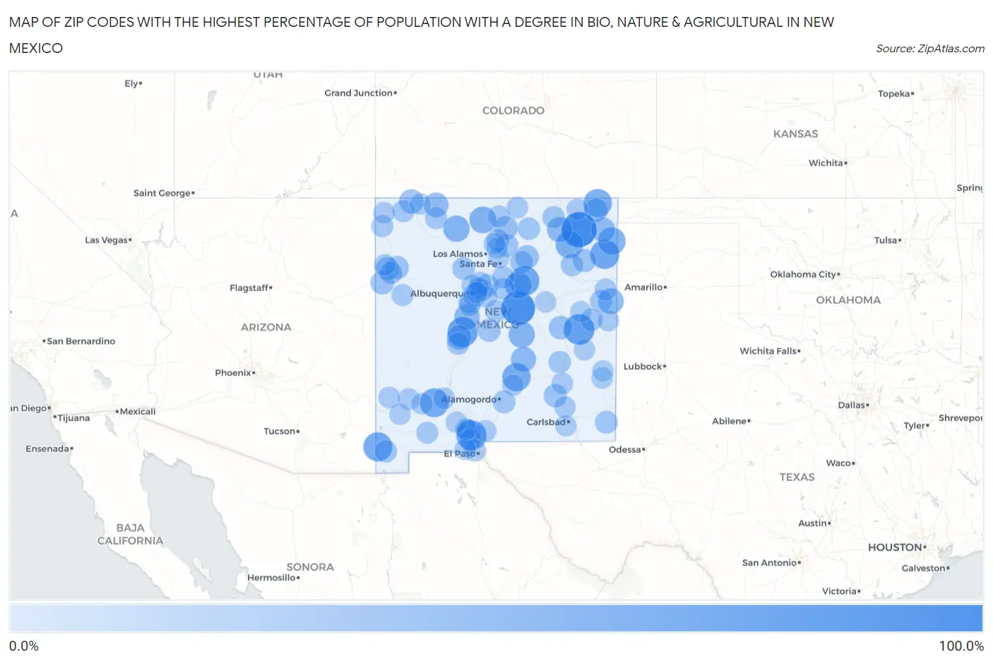 Zip Codes with the Highest Percentage of Population with a Degree in Bio, Nature & Agricultural in New Mexico Map