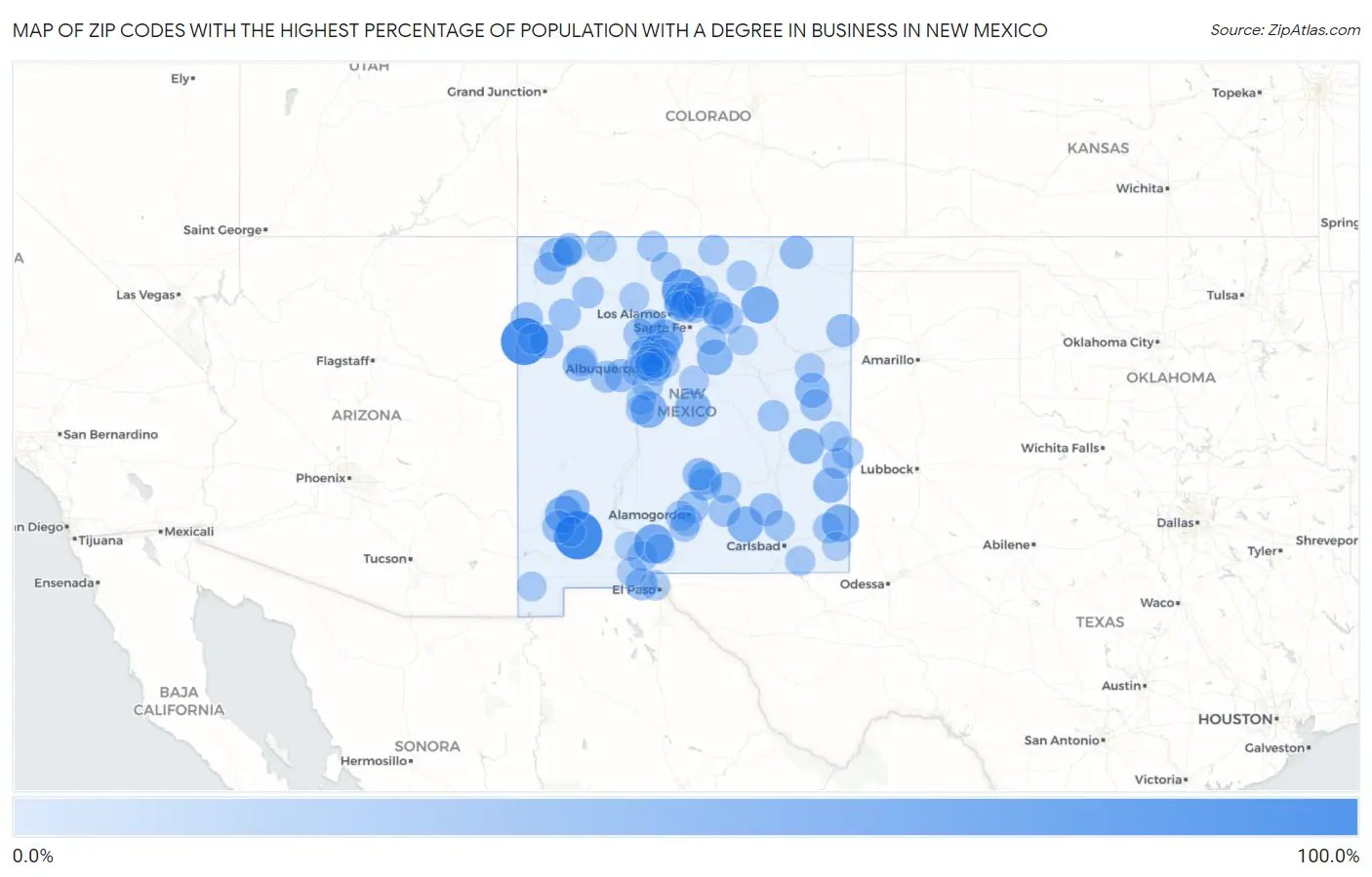 Zip Codes with the Highest Percentage of Population with a Degree in Business in New Mexico Map