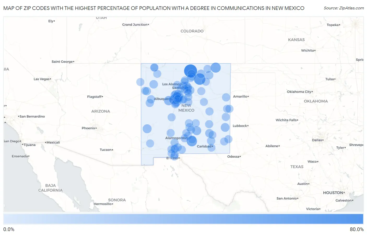 Zip Codes with the Highest Percentage of Population with a Degree in Communications in New Mexico Map