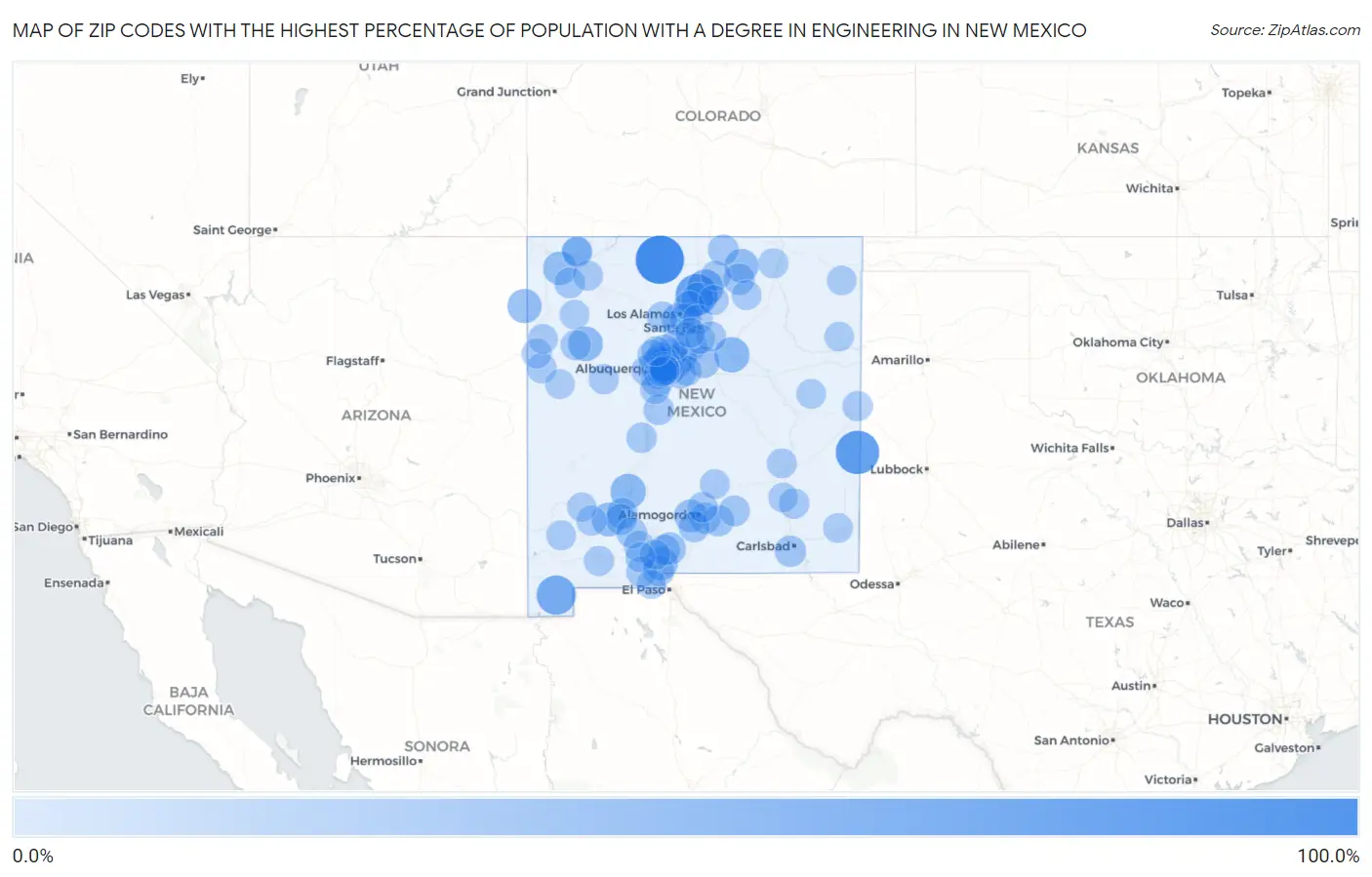 Zip Codes with the Highest Percentage of Population with a Degree in Engineering in New Mexico Map