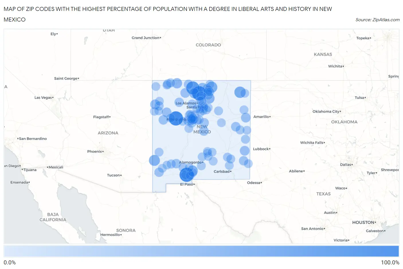 Zip Codes with the Highest Percentage of Population with a Degree in Liberal Arts and History in New Mexico Map
