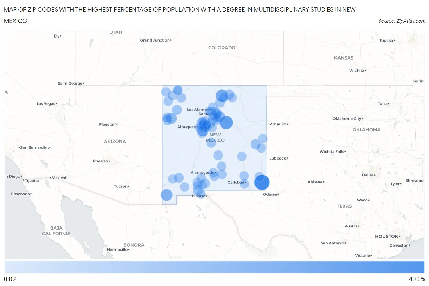 Zip Codes with the Highest Percentage of Population with a Degree in Multidisciplinary Studies in New Mexico Map
