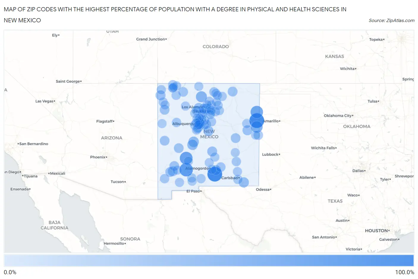 Zip Codes with the Highest Percentage of Population with a Degree in Physical and Health Sciences in New Mexico Map