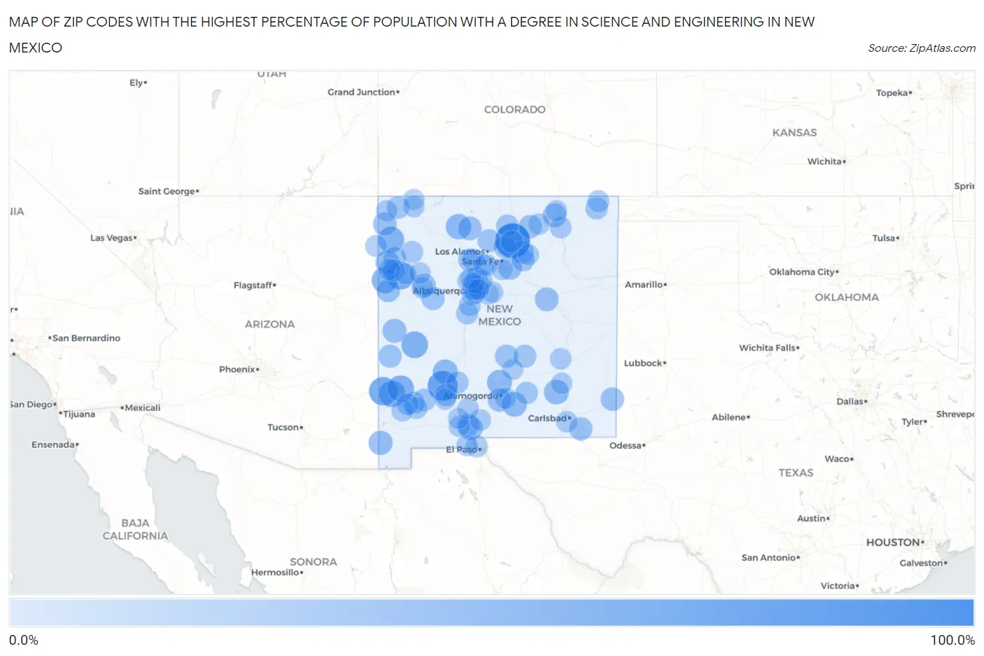 Zip Codes with the Highest Percentage of Population with a Degree in Science and Engineering in New Mexico Map
