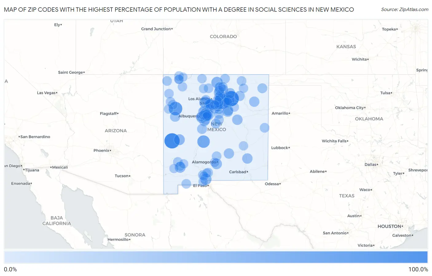 Zip Codes with the Highest Percentage of Population with a Degree in Social Sciences in New Mexico Map