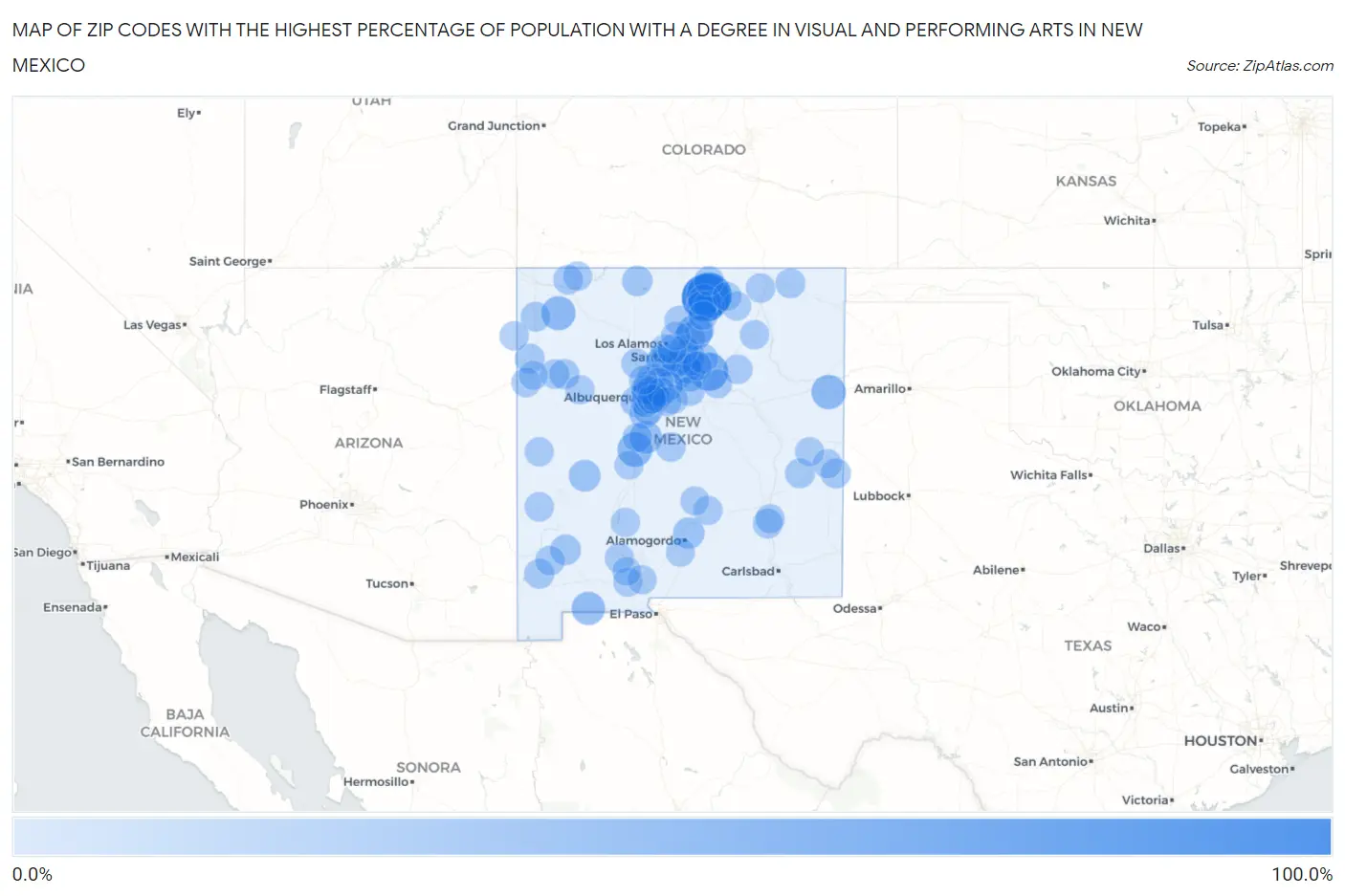Zip Codes with the Highest Percentage of Population with a Degree in Visual and Performing Arts in New Mexico Map