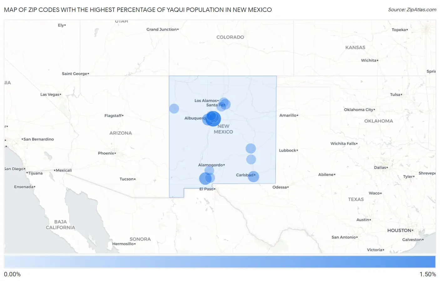 Zip Codes with the Highest Percentage of Yaqui Population in New Mexico Map