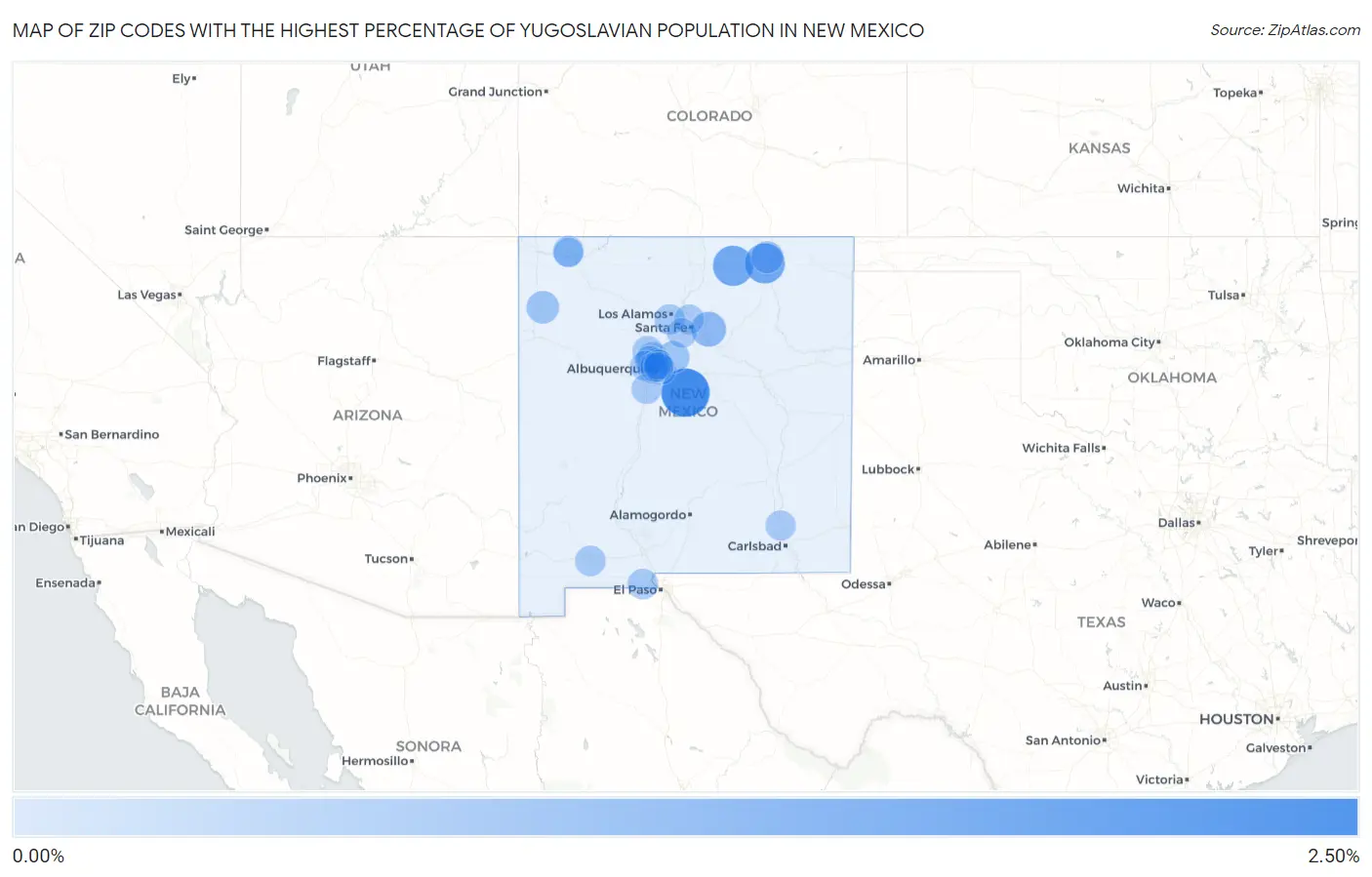 Zip Codes with the Highest Percentage of Yugoslavian Population in New Mexico Map