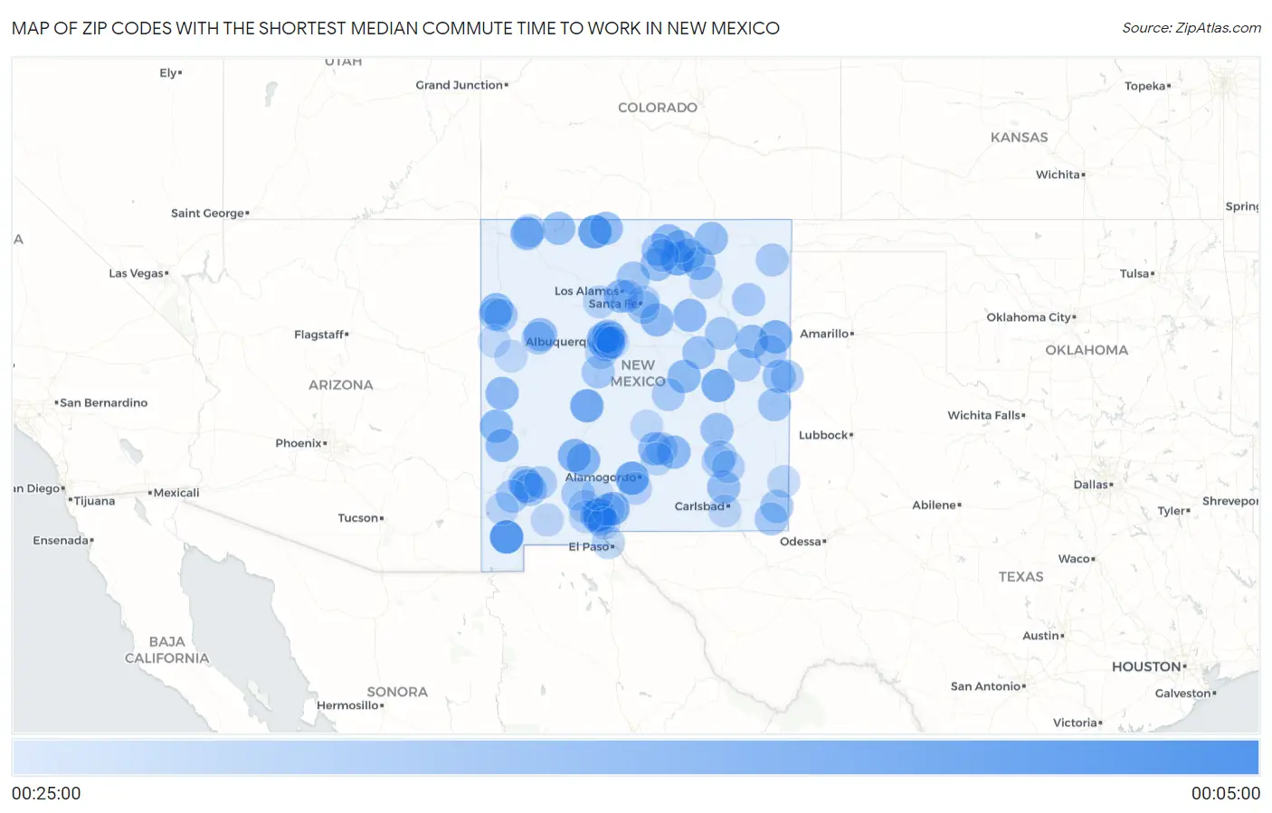 Zip Codes with the Shortest Median Commute Time to Work in New Mexico Map