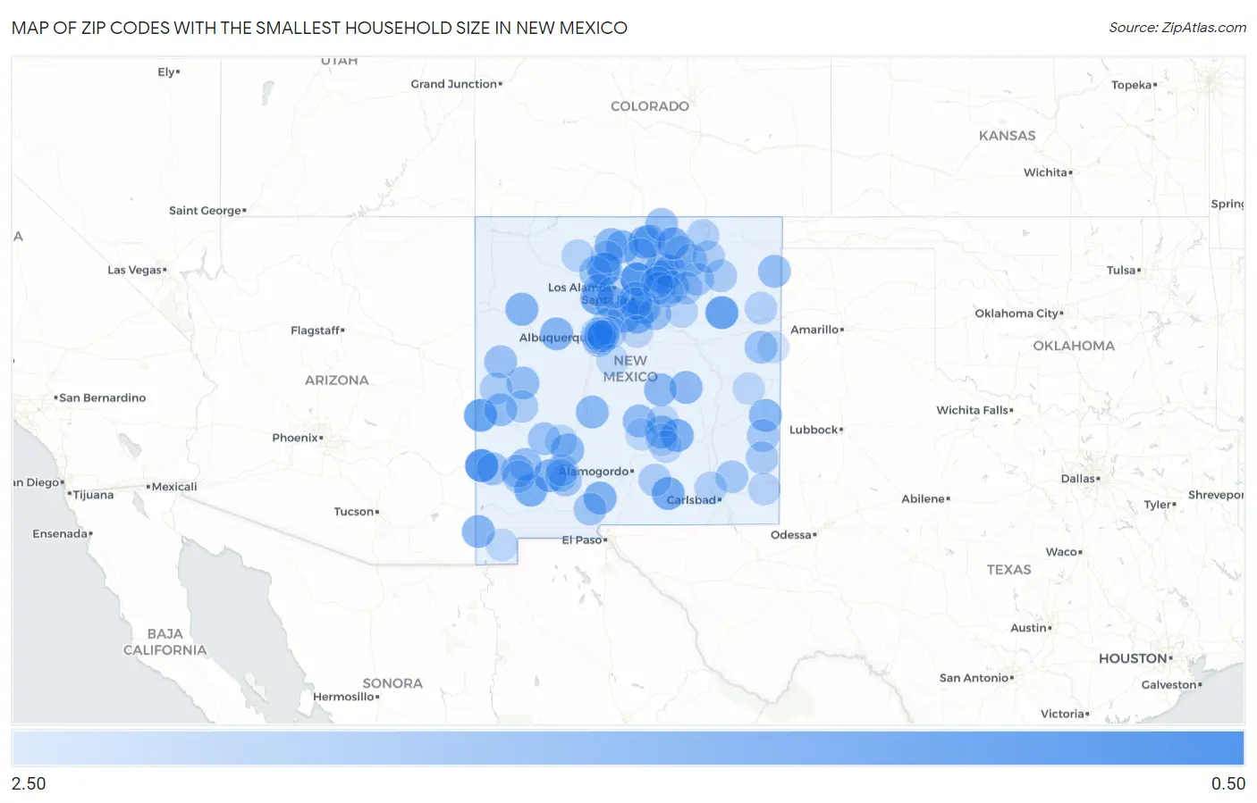 Zip Codes with the Smallest Household Size in New Mexico Map