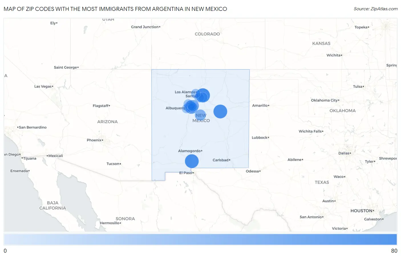 Zip Codes with the Most Immigrants from Argentina in New Mexico Map