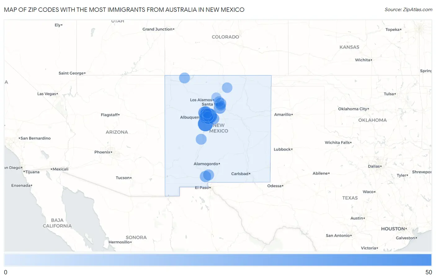 Zip Codes with the Most Immigrants from Australia in New Mexico Map