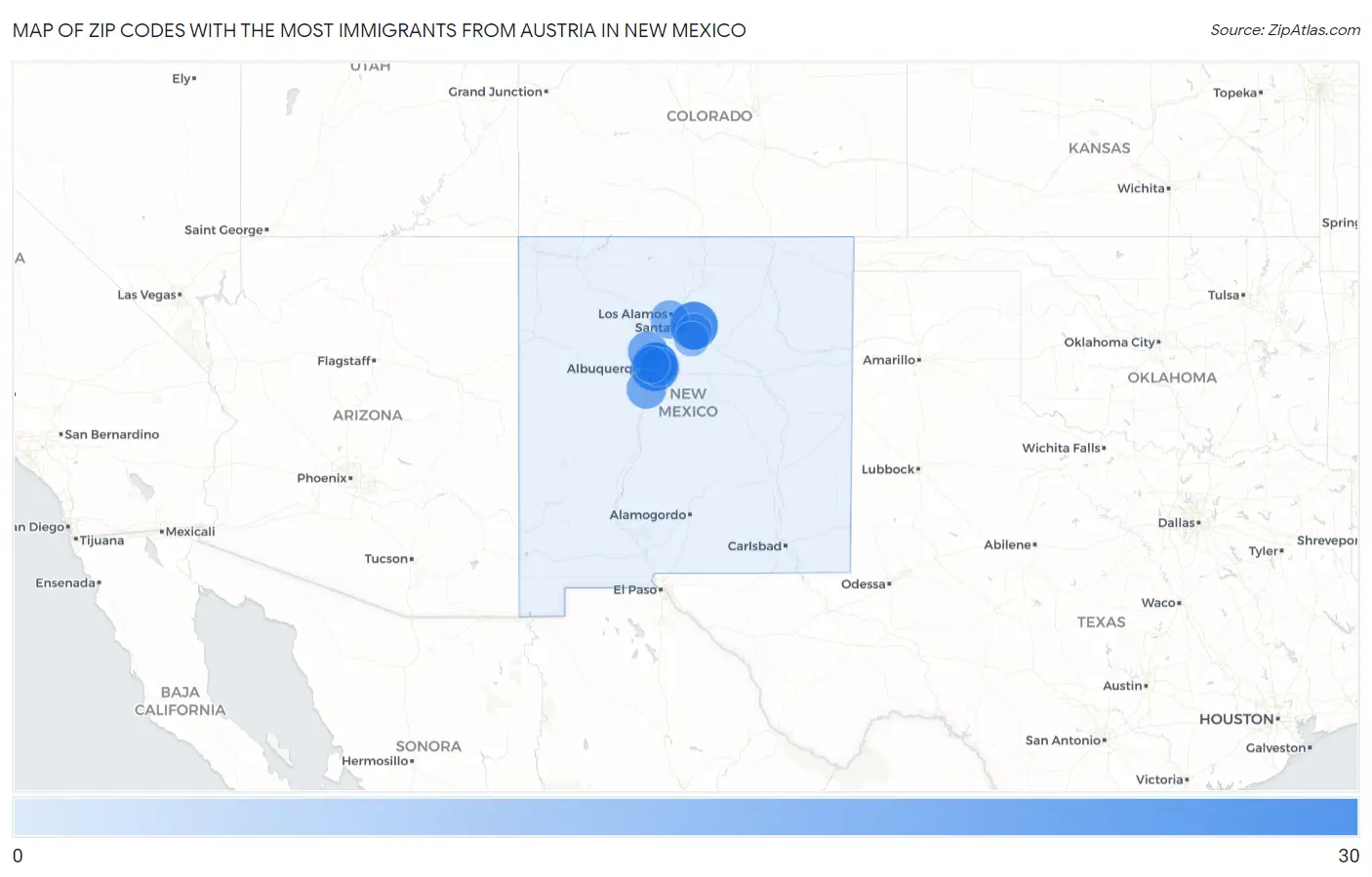Zip Codes with the Most Immigrants from Austria in New Mexico Map