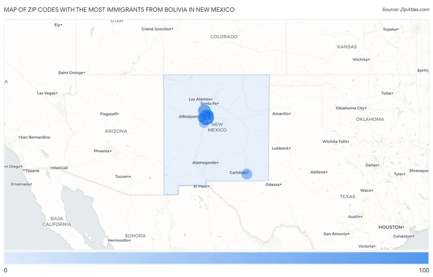 Zip Codes with the Most Immigrants from Bolivia in New Mexico Map