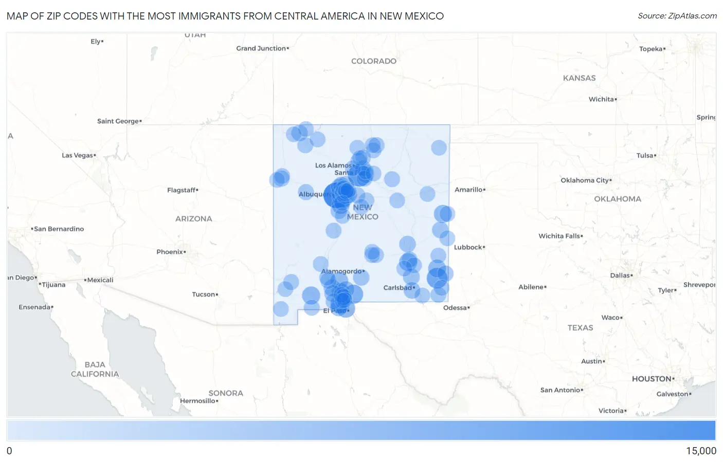 Zip Codes with the Most Immigrants from Central America in New Mexico Map