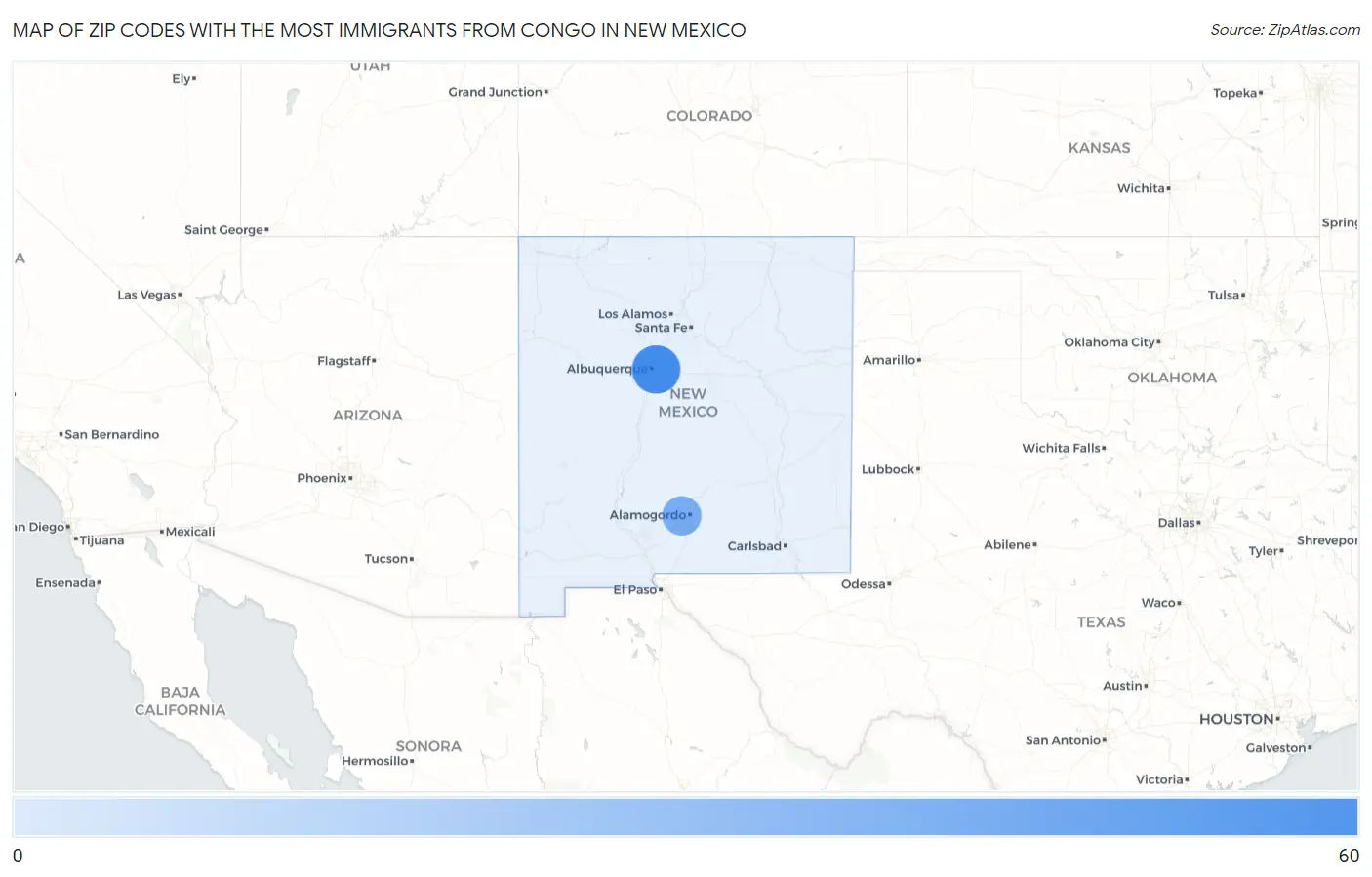 Zip Codes with the Most Immigrants from Congo in New Mexico Map