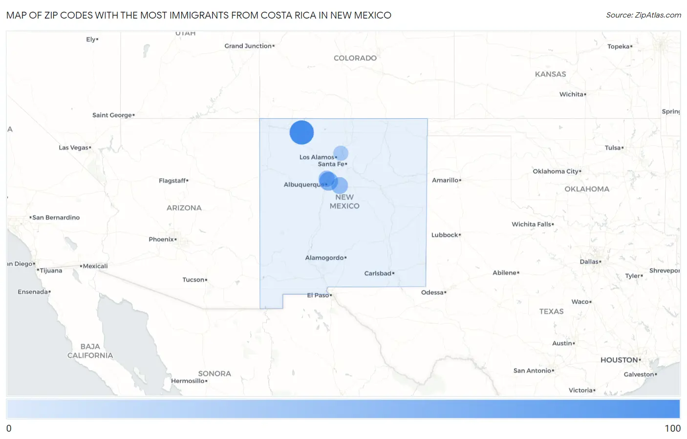 Zip Codes with the Most Immigrants from Costa Rica in New Mexico Map