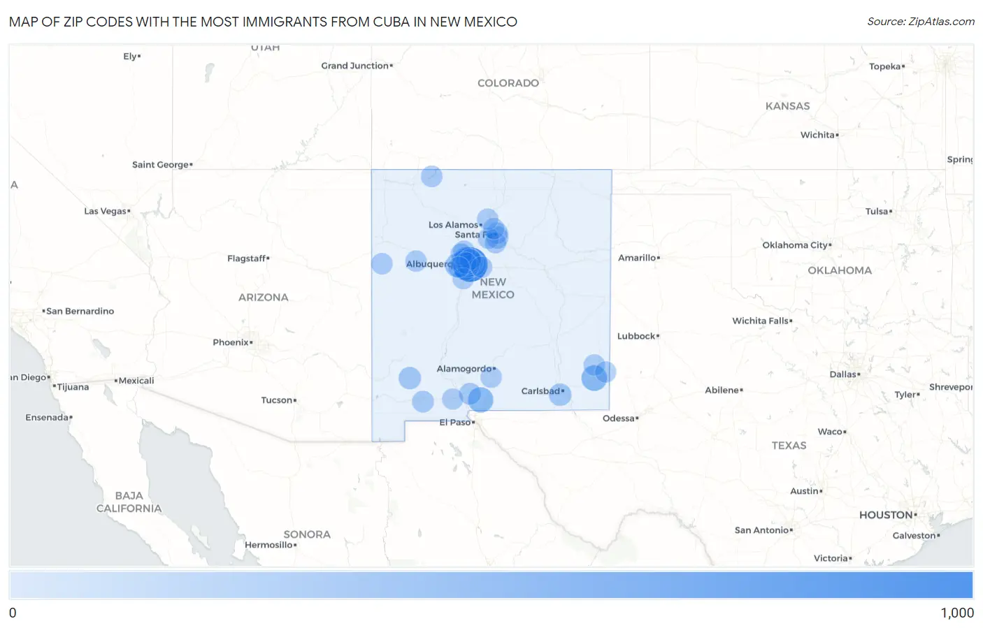 Zip Codes with the Most Immigrants from Cuba in New Mexico Map