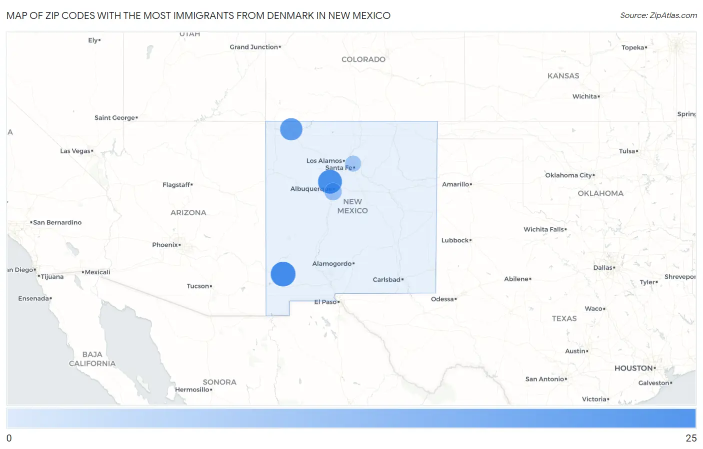 Zip Codes with the Most Immigrants from Denmark in New Mexico Map