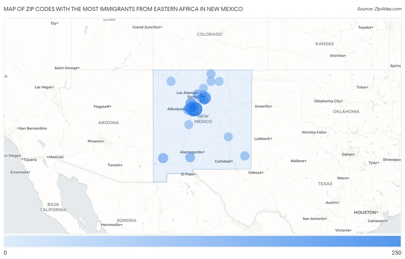 Zip Codes with the Most Immigrants from Eastern Africa in New Mexico Map
