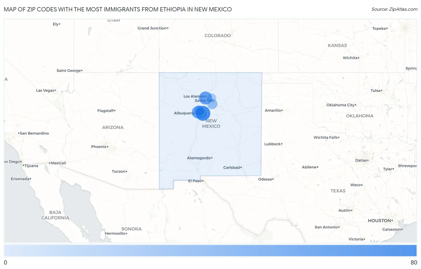 Zip Codes with the Most Immigrants from Ethiopia in New Mexico Map
