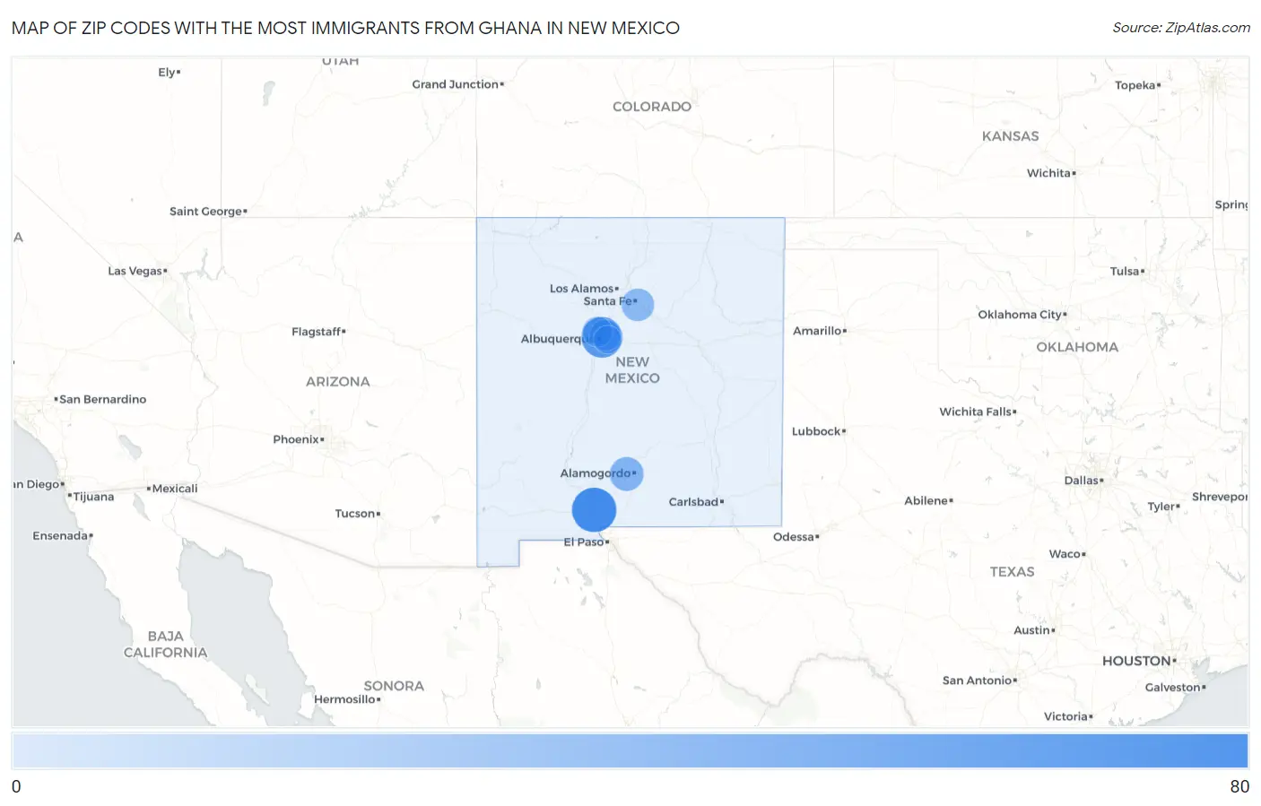 Zip Codes with the Most Immigrants from Ghana in New Mexico Map