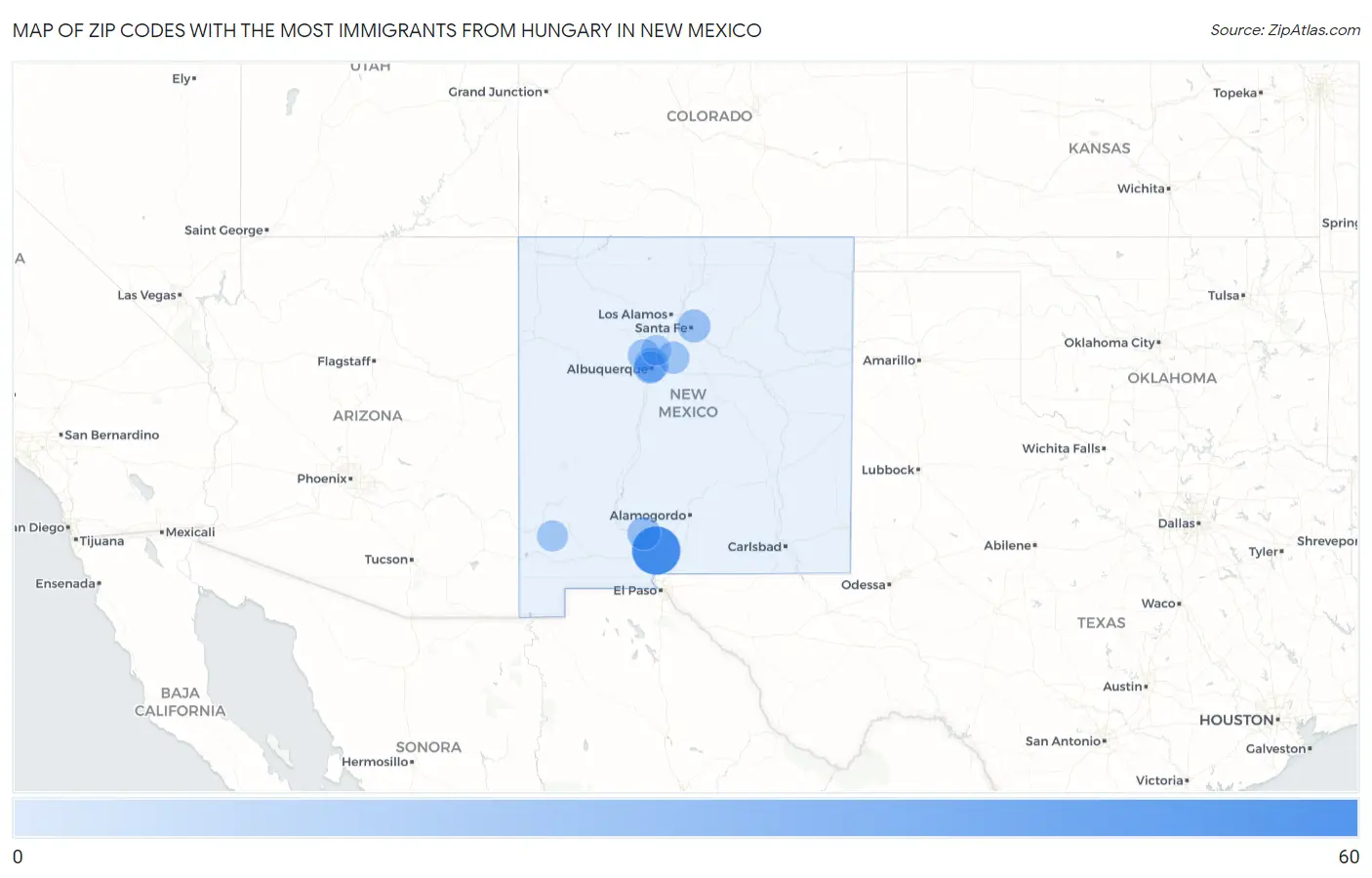 Zip Codes with the Most Immigrants from Hungary in New Mexico Map