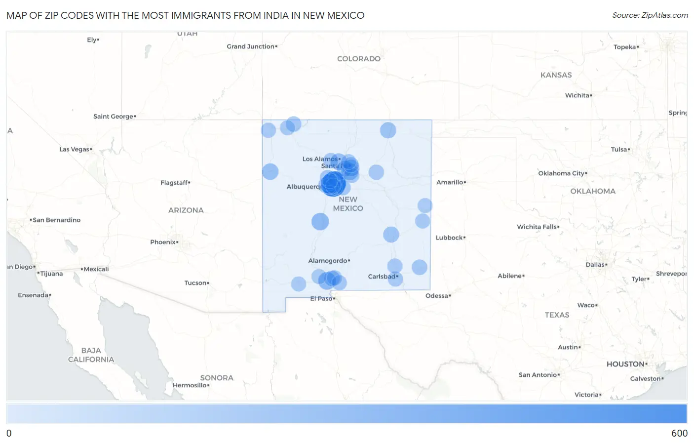 Zip Codes with the Most Immigrants from India in New Mexico Map