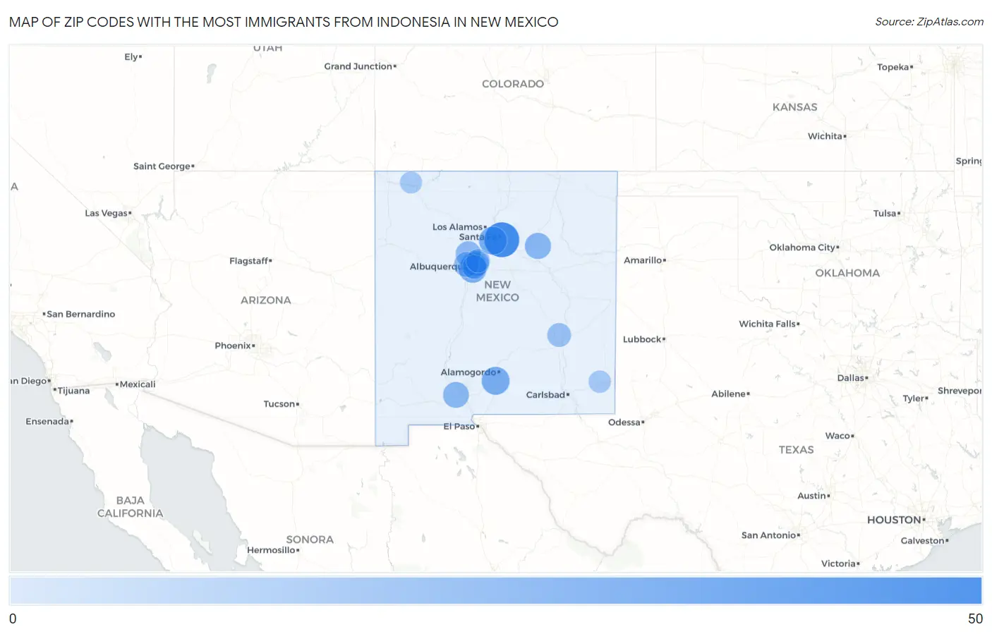 Zip Codes with the Most Immigrants from Indonesia in New Mexico Map