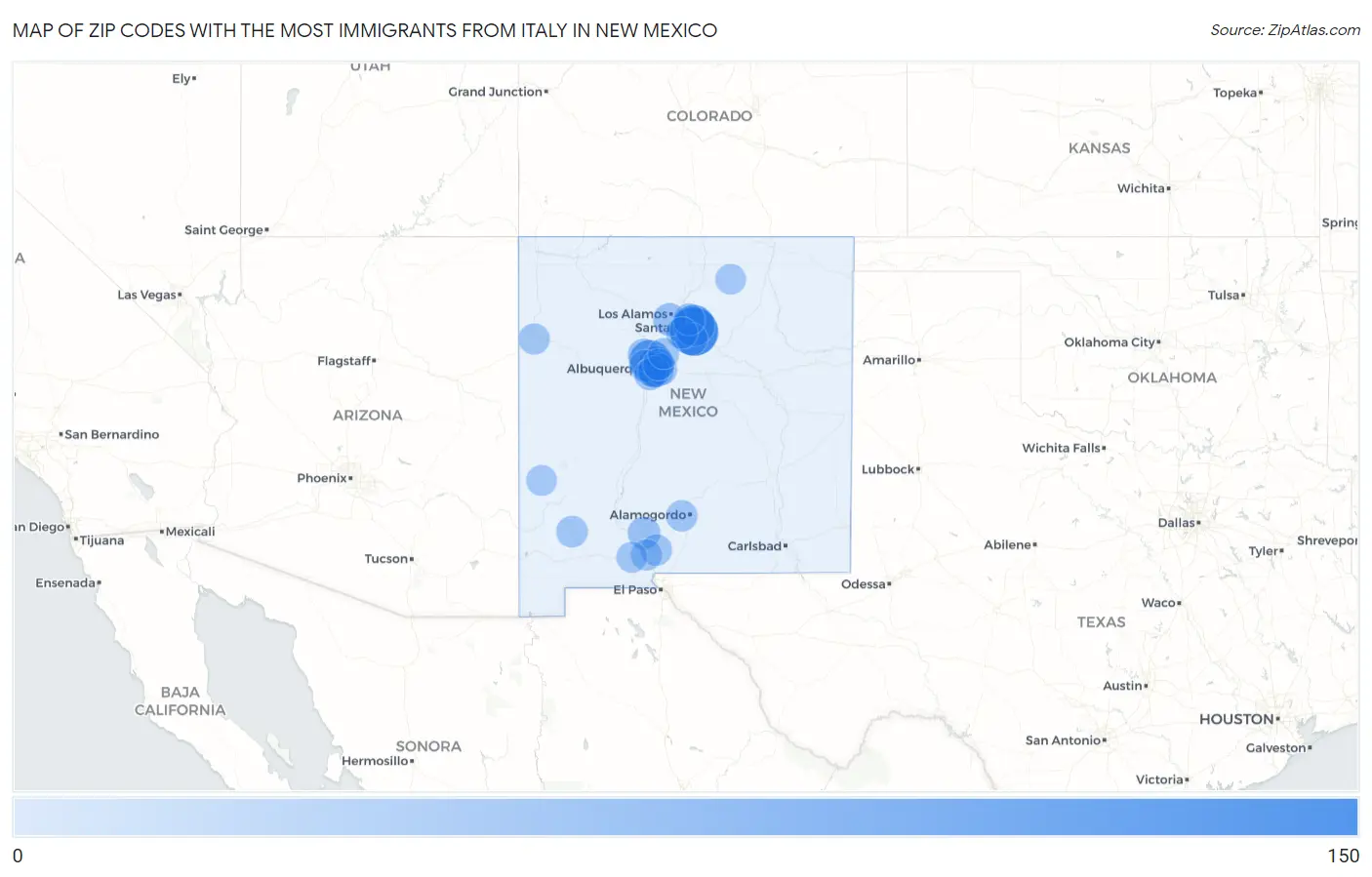 Zip Codes with the Most Immigrants from Italy in New Mexico Map