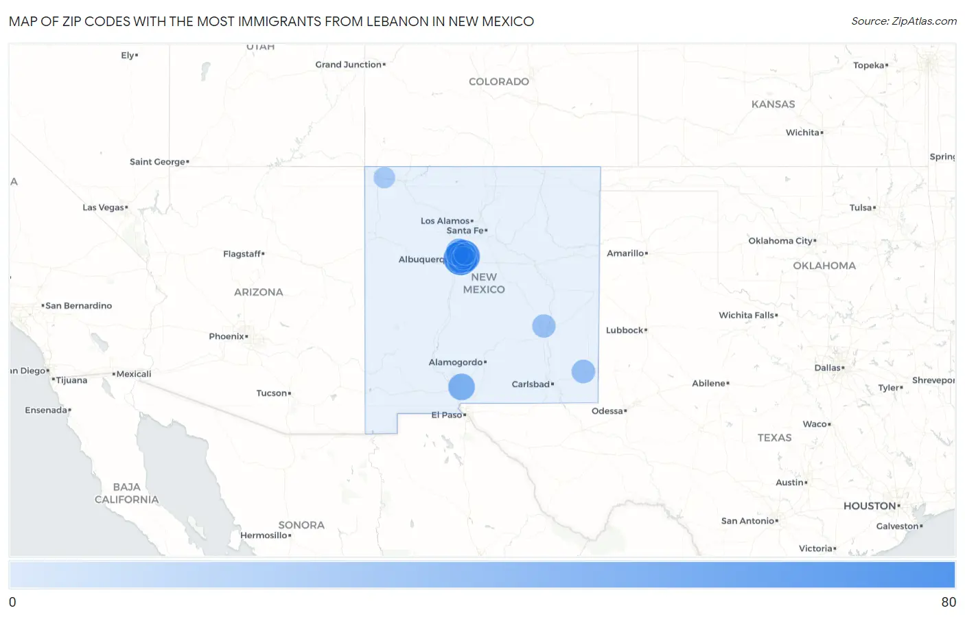 Zip Codes with the Most Immigrants from Lebanon in New Mexico Map