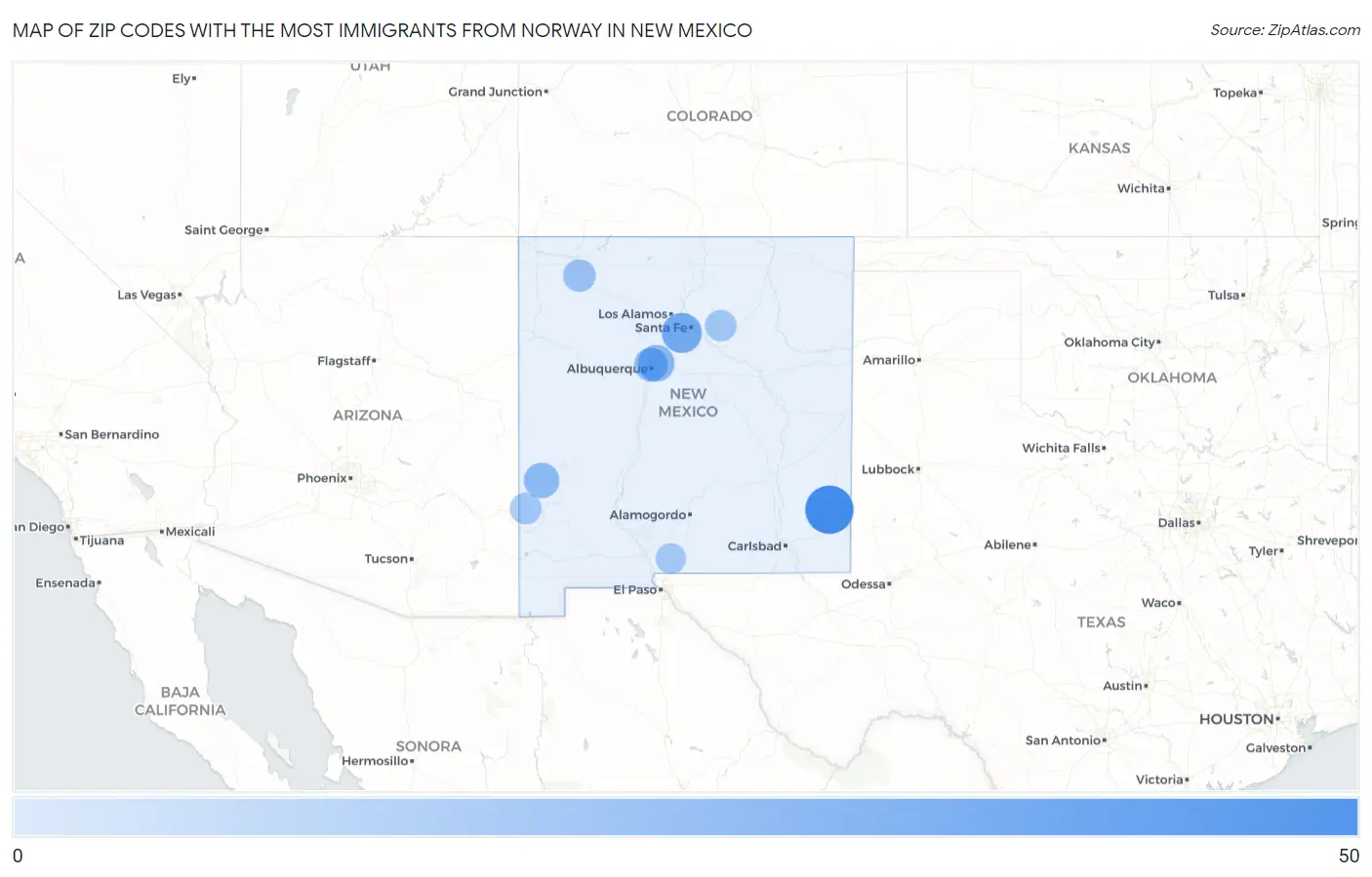 Zip Codes with the Most Immigrants from Norway in New Mexico Map