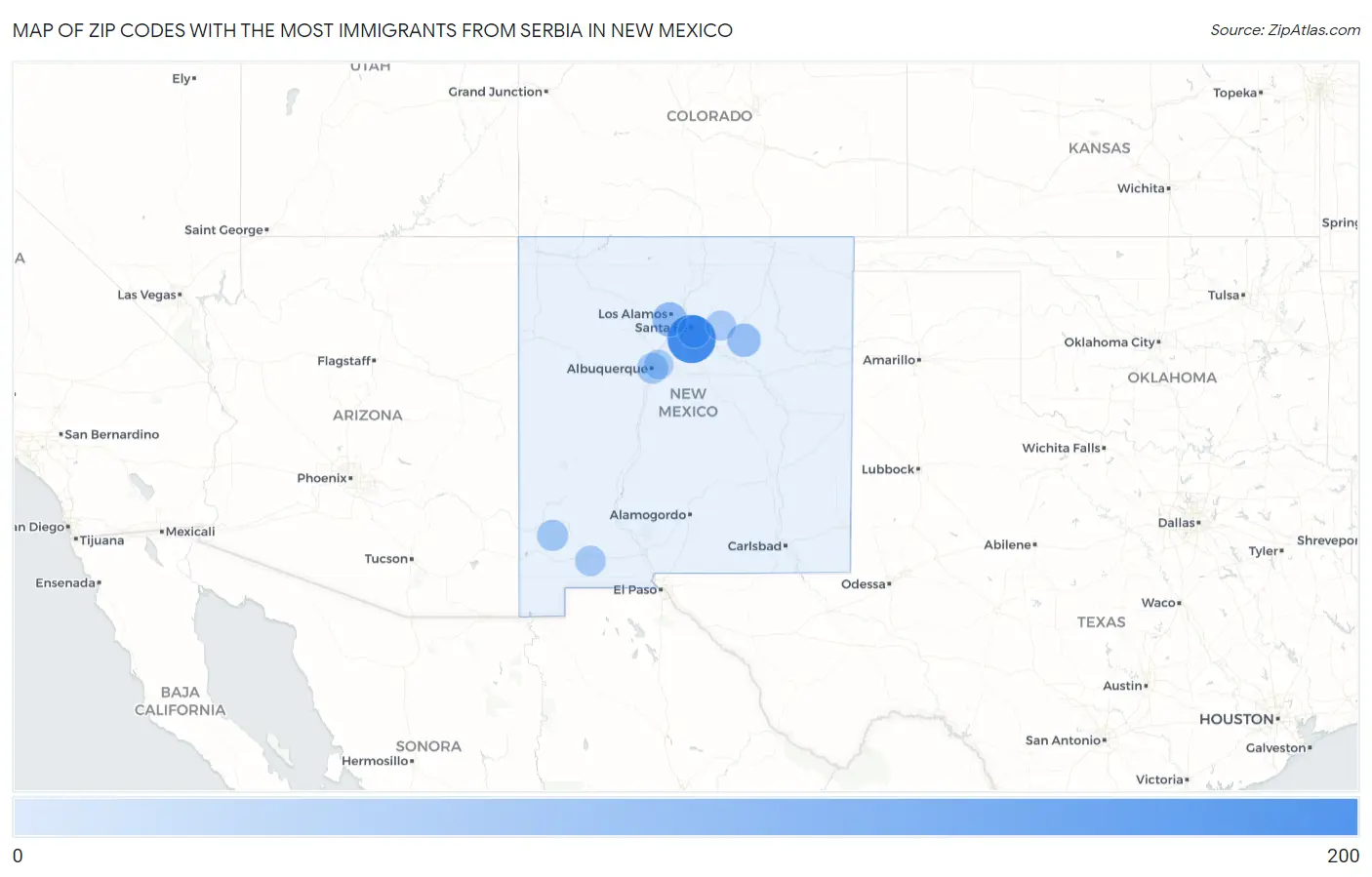 Zip Codes with the Most Immigrants from Serbia in New Mexico Map