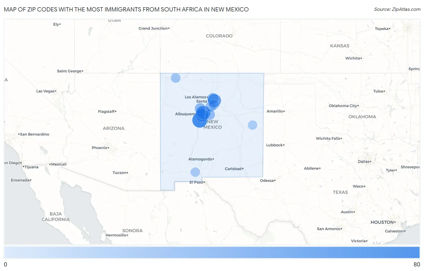 Zip Codes with the Most Immigrants from South Africa in New Mexico Map