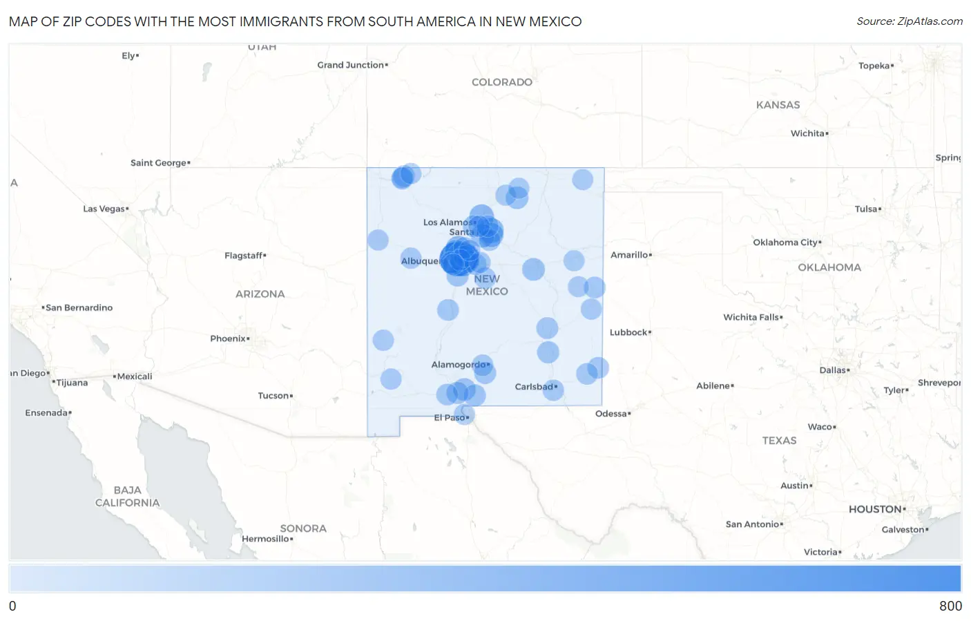 Zip Codes with the Most Immigrants from South America in New Mexico Map