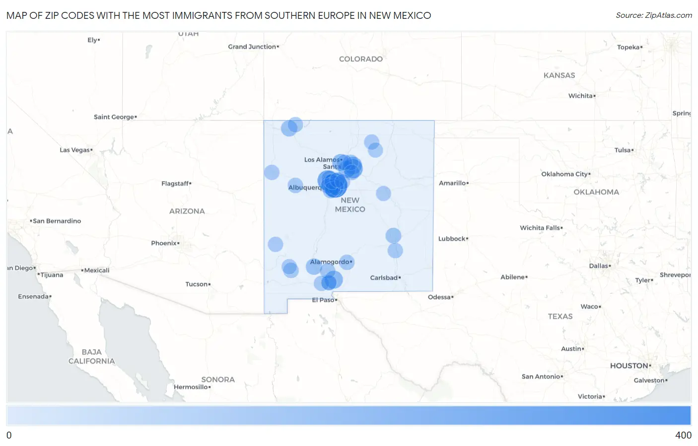 Zip Codes with the Most Immigrants from Southern Europe in New Mexico Map