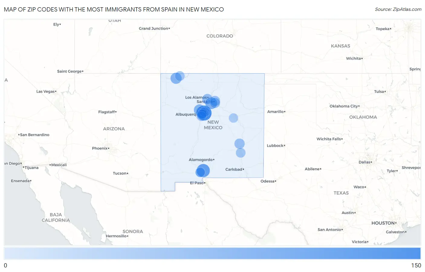 Zip Codes with the Most Immigrants from Spain in New Mexico Map