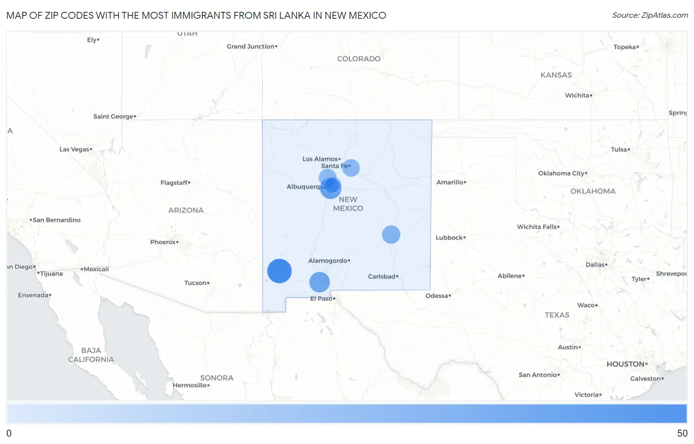 Zip Codes with the Most Immigrants from Sri Lanka in New Mexico Map