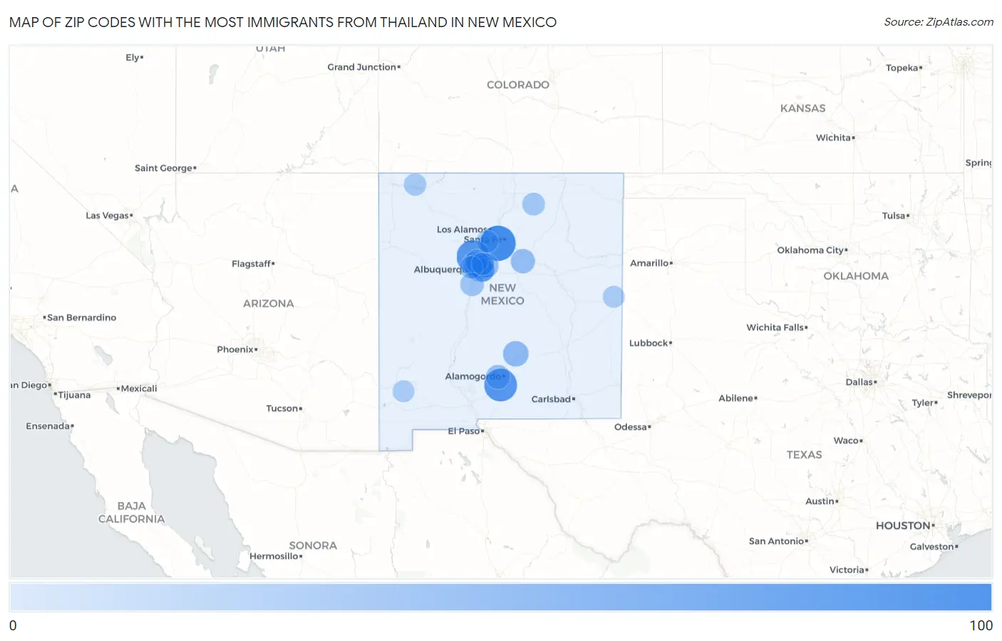Zip Codes with the Most Immigrants from Thailand in New Mexico Map