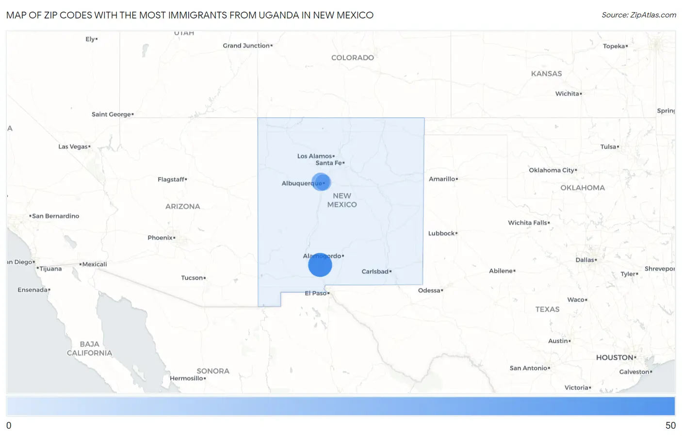 Zip Codes with the Most Immigrants from Uganda in New Mexico Map